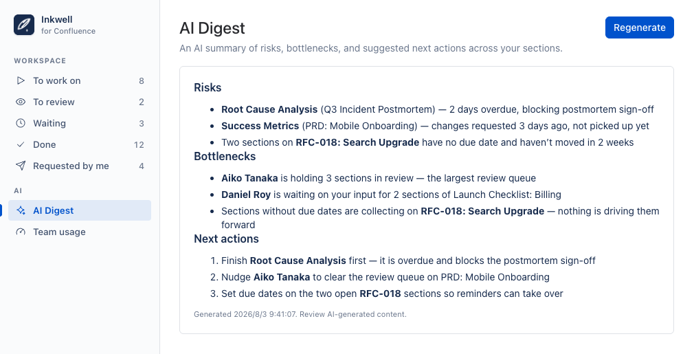 AI Digest view listing risks, bottlenecks and next actions across sections