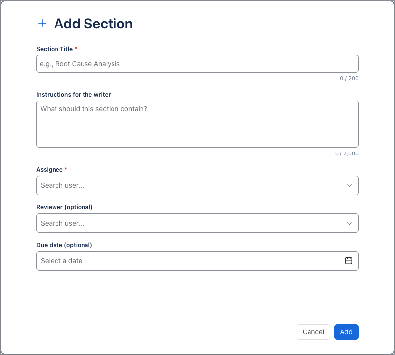 Add Section dialog with title, instructions, assignee, reviewer and due date fields