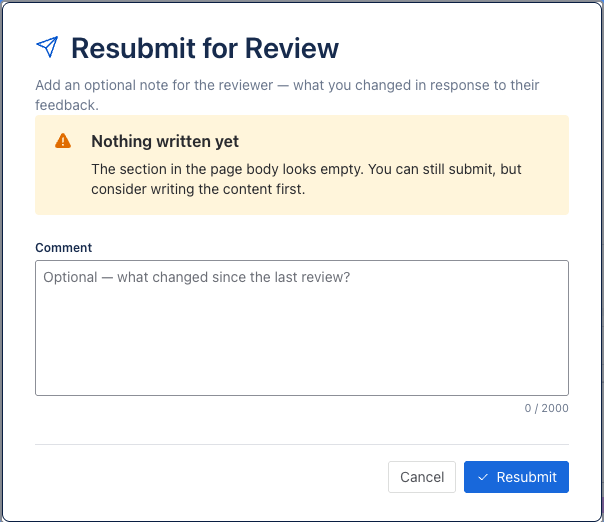 Resubmit for Review dialog with a comment field for describing what changed