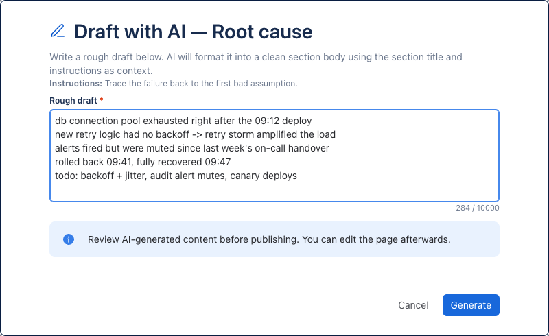 Draft with AI dialog with rough incident notes typed into the Rough draft field