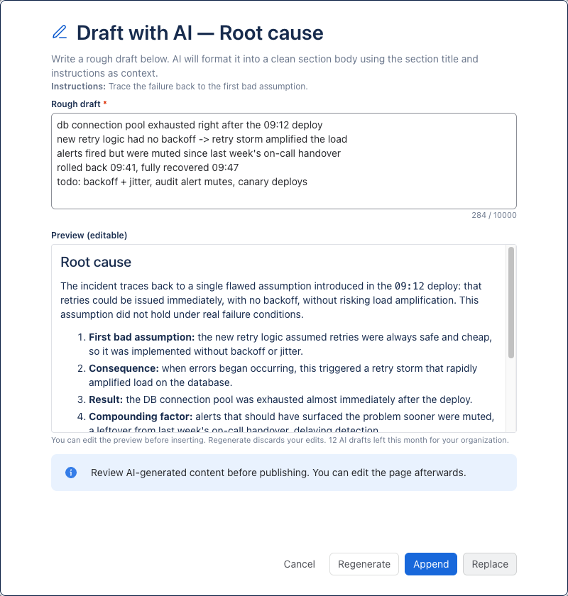 Draft with AI dialog showing a generated draft in an editable preview above Append and Replace buttons