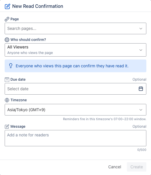 New Read Confirmation dialog with page search, audience choice, due date, timezone and message fields