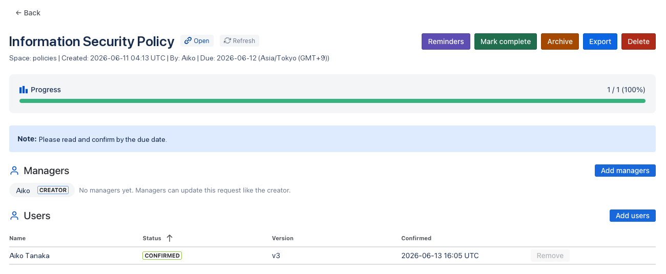 Request detail with progress bar, managers, per-user confirmation table and the Export button