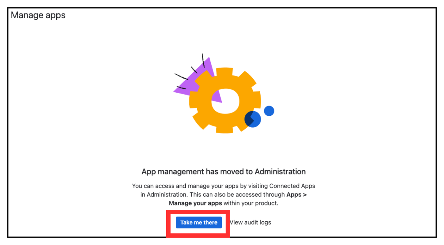 Manage apps screen with the Take me there button highlighted