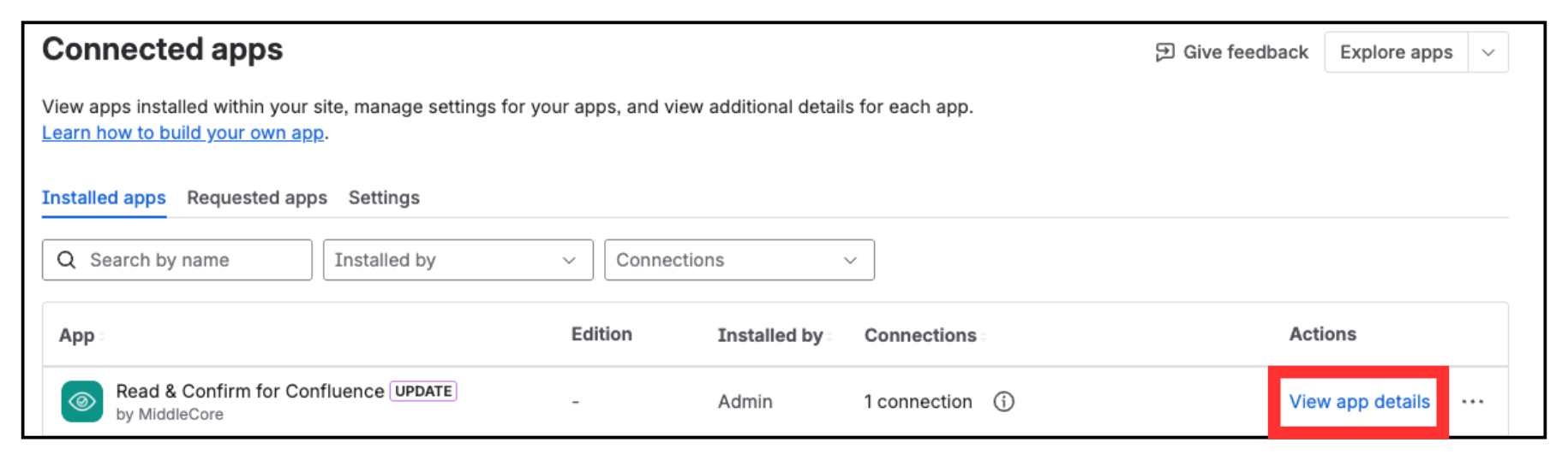 Connected apps list showing Read & Confirm for Confluence with an UPDATE tag and the View app details link highlighted