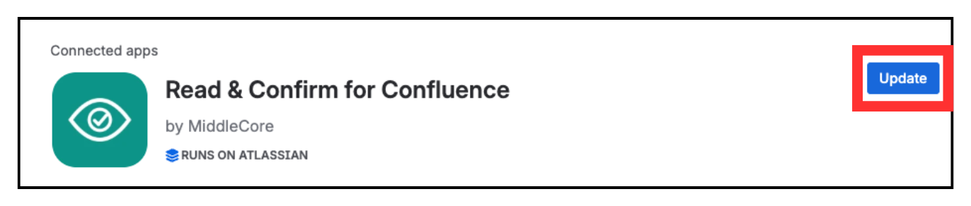 App details for Read & Confirm for Confluence with the Update button highlighted